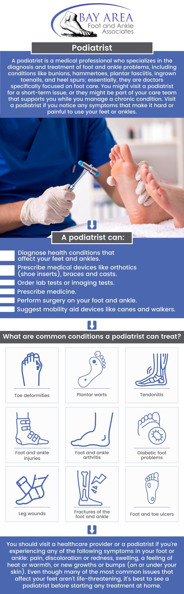 Emergency podiatrists are crucial for addressing urgent foot and ankle injuries or conditions that could worsen without timely care. Prompt treatment can prevent complications like infections, permanent damage, or long-term mobility issues. Whether it's a fractured bone, severe sprain, or diabetic foot problem, seeking immediate care ensures proper diagnosis, pain management, and the best chance for a full recovery. In these non-life-threatening but urgent instances, those people can come to Bay Area Foot and Ankle Associates and see an emergency and urgent podiatrist. For more information, contact us or schedule an appointment online. We are conveniently located at 2227 Olympic Blvd, Walnut Creek, CA 94595. Emergency podiatrists are crucial for addressing urgent foot and ankle injuries or conditions that could worsen without timely care. Prompt treatment can prevent complications like infections, permanent damage, or long-term mobility issues. Whether it's a fractured bone, severe sprain, or diabetic foot problem, seeking immediate care ensures proper diagnosis, pain management, and the best chance for a full recovery. In these non-life-threatening but urgent instances, those people can come to Bay Area Foot and Ankle Associates and see an emergency and urgent podiatrist. For more information, contact us or schedule an appointment online. We are conveniently located at 2227 Olympic Blvd, Walnut Creek, CA 94595.