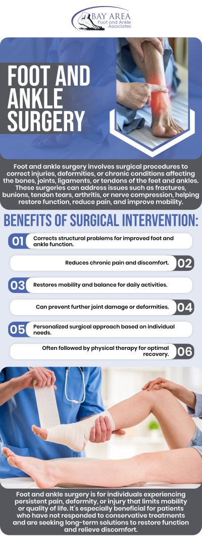 Foot and ankle surgery is usually considered when conservative treatments fail to relieve pain or correct dysfunction from injuries, arthritis, or deformities. Conditions like fractures and severe arthritis may necessitate surgery to enhance mobility and quality of life. It's important to consult a foot and ankle specialist to determine the right treatment plan and discuss surgical options, ensuring a smooth recovery and optimal foot and ankle health. For more information, contact us or schedule an appointment online. We are conveniently located at 2400 Balfour Rd STE 230, Brentwood, CA 9451.